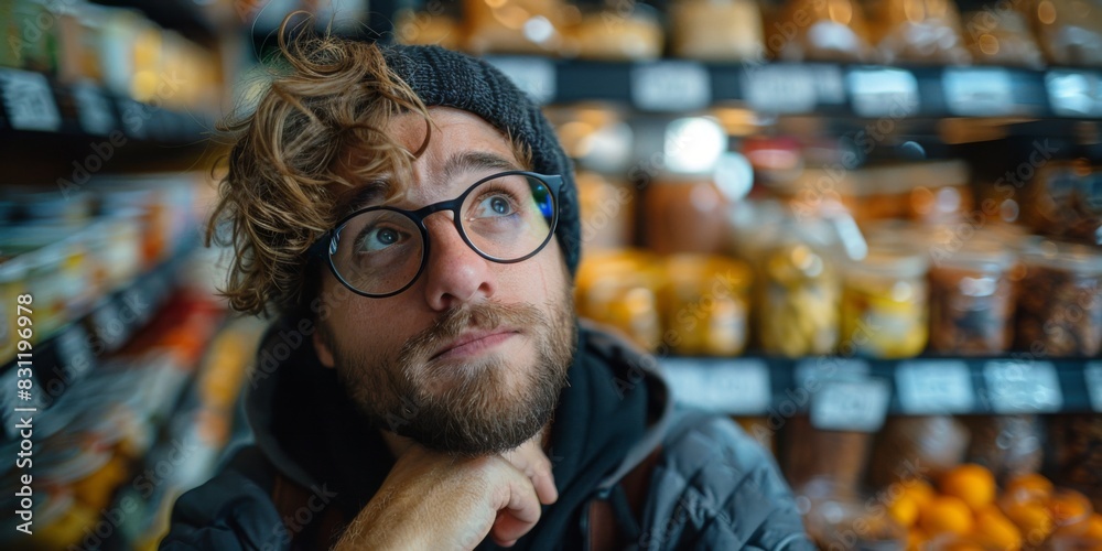 In a supermarket, close-up portrait of a male customer, funny emotional facial expression against the shelves. In a supermarket, close-up portrait of a male customer, funny emotional facial expression against the shelves.