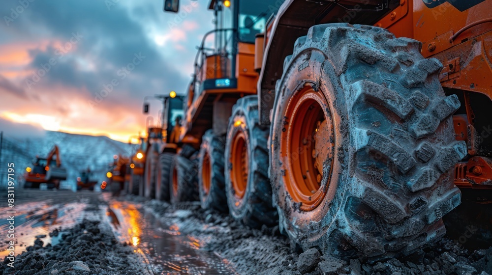Bulldozer headlight, row of huge orange powerful construction machines