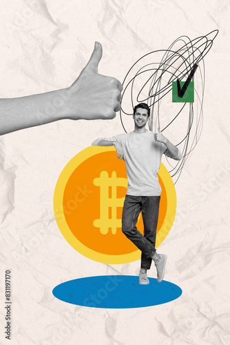 Vertical photo collage of happy businessman show thumb up gesture success deal bitcoin gold token crypto isolated on painted background