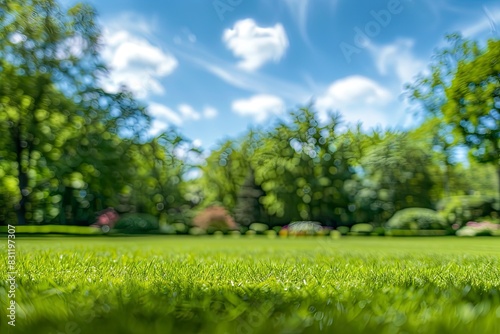 Beautiful blurred background image of spring nature with a neatly trimmed lawn surrounded by trees against a blue sky with clouds on a bright sunny day with generative ai