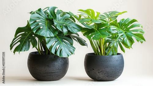 Against a white background, Monstera obliqua and Monstera adansonii plants stand out photo