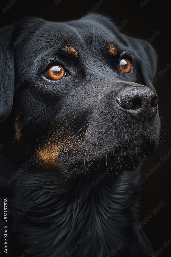 Fototapeta premium A black dog with brown markings is staring at the camera