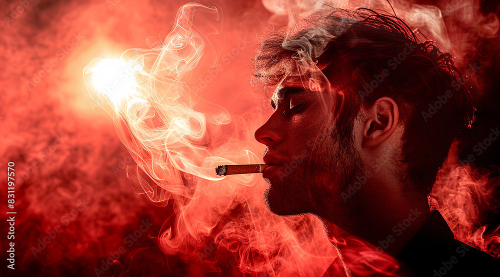 Burning cigarette with smoke on a red background, concept for the World No Tobacco Day Burning cigarette with smoke on a red background, concept for the World No Tobacco Day