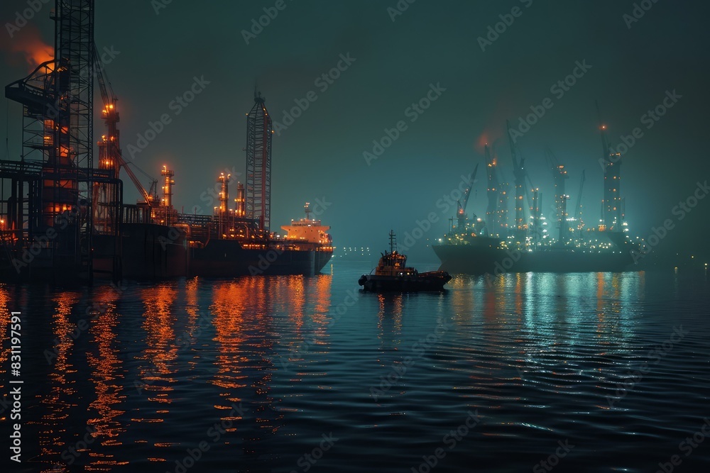 Moody night scene of an industrial port with illuminated cargo ships and cranes reflecting on water