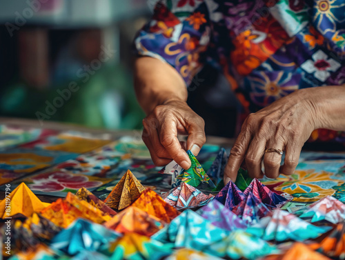 A person creating intricate paper origami art with colorful patterns, showcasing delicate craftsmanship and cultural vibrancy, perfect for art, culture, and handmade craft visuals.