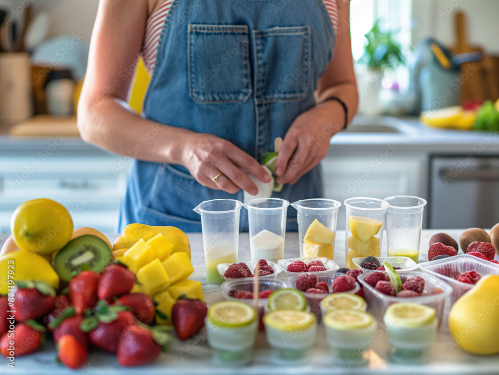 A person in a denim apron prepares fresh fruit for a healthy recipe in a bright kitchen, featuring a variety of colorful fruits including strawberries, kiwis, and lemons. A person in a denim apron prepares fresh fruit for a healthy recipe in a bright kitchen, featuring a variety of colorful fruits including strawberries, kiwis, and lemons.