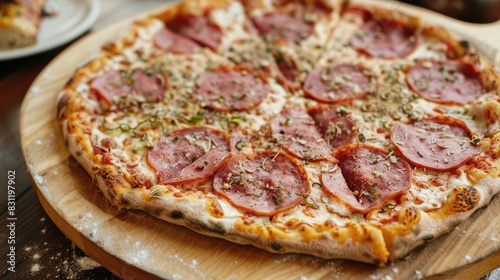 Pizza topped with salami situated on the table