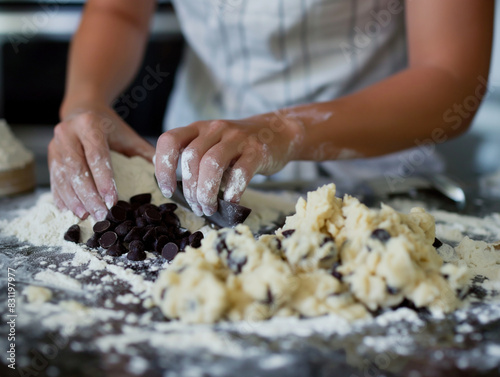 Hands preparing cookie dough with chocolate chips on a floured surface  showcasing the art of homemade baking  ideal for culinary blogs  recipe books  and food-related advertisements.