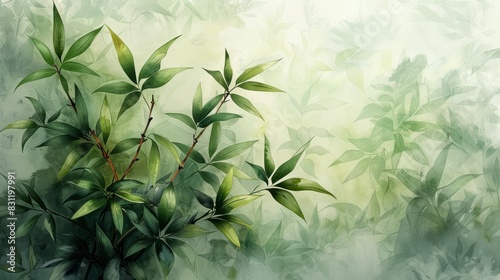 An elegant backdrop with a stylized bamboo grove in watercolor shades of green and grey