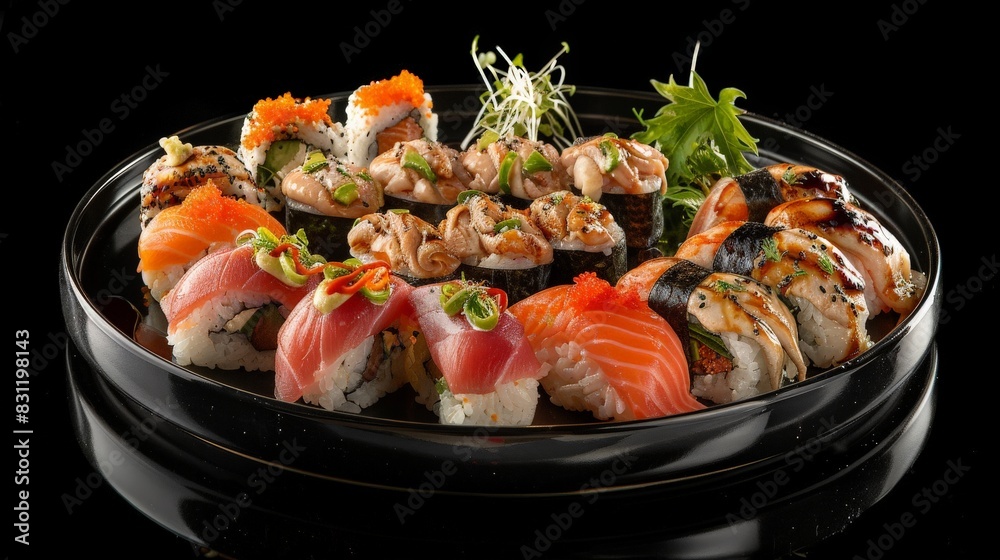 Side View of Traditional Black Sushioke Plate with Assorted Nigiri and Rolls Side View of Traditional Black Sushioke Plate with Assorted Nigiri and Rolls
