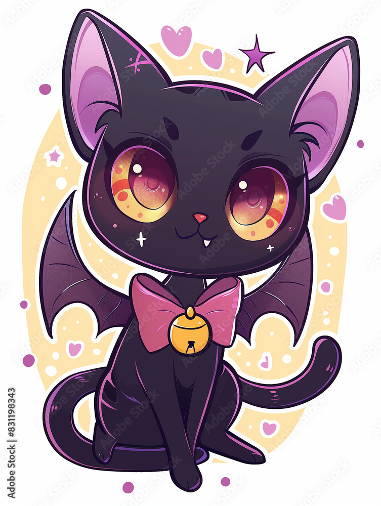 Cute Black Cat with Bat Wings and Pink Bow, Adorable Cartoon Illustration with Hearts and Stars, Whimsical Design Cute Black Cat with Bat Wings and Pink Bow, Adorable Cartoon Illustration with Hearts and Stars, Whimsical Design