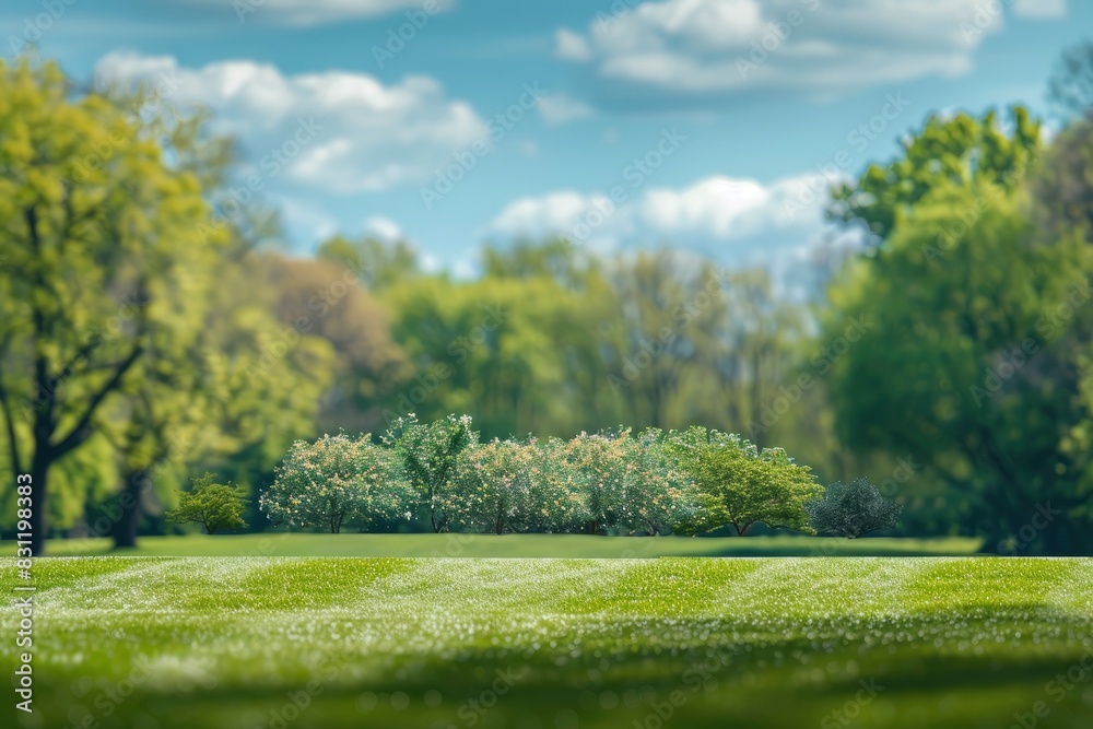 Fototapeta premium Beautiful blurred background image of spring nature with a neatly trimmed lawn surrounded by trees against a blue sky with clouds on a bright sunny day with generative ai