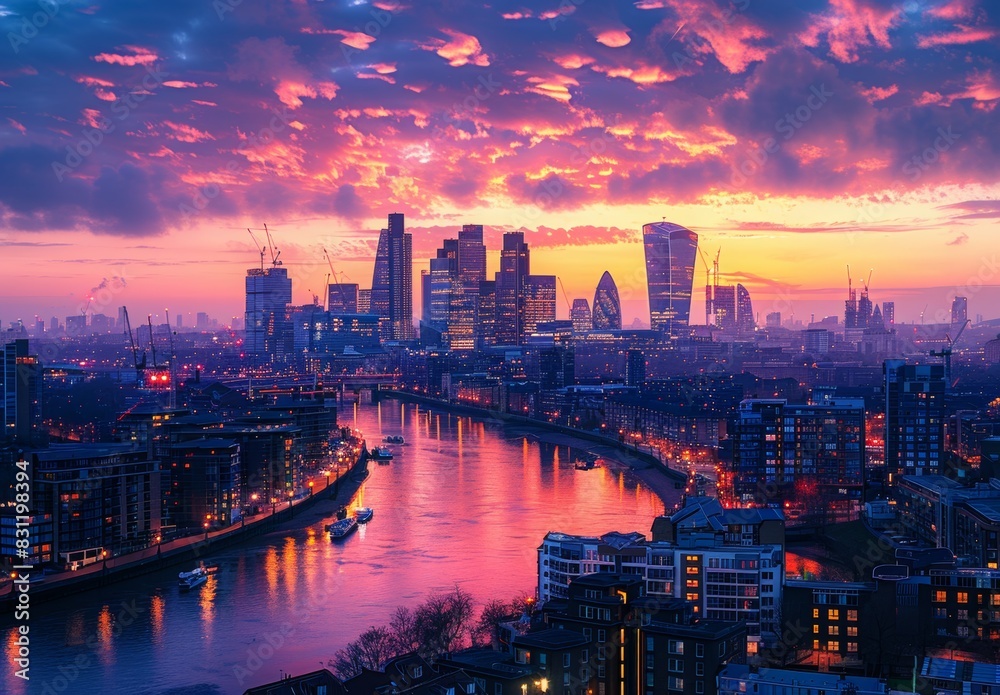 Fototapeta premium A city skyline at dusk with lights just beginning to sparkle against the fading daylight. The spacious sky above the urban landscape provides an inspiring backdrop for goals and aspirations.