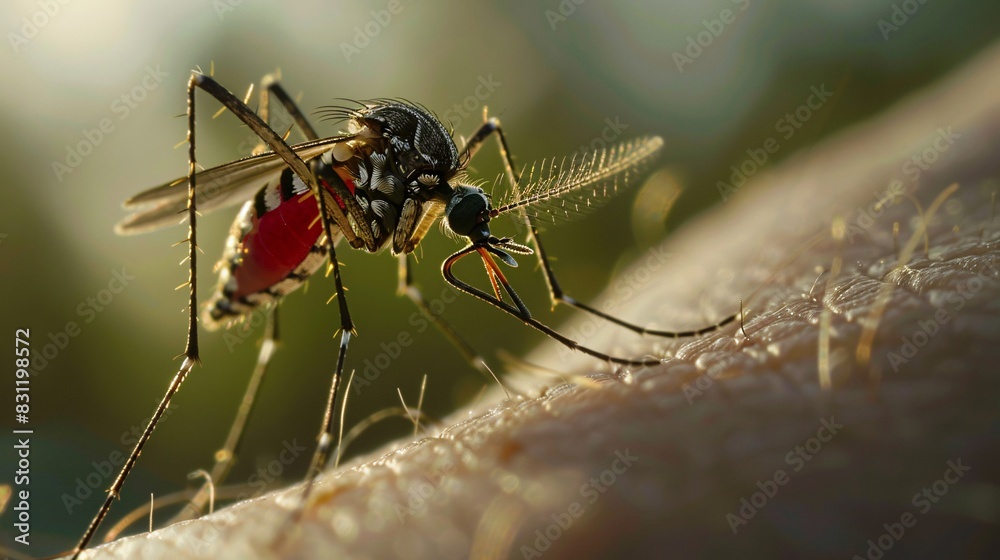 A mosquito sitting on an arm. Mosquito close-up view. A mosquito sitting on an arm. Mosquito close-up view.