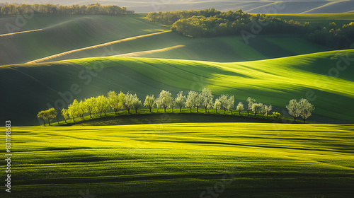 A field of green grass with trees in the foreground