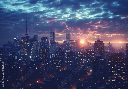 A city skyline at dusk with lights just beginning to sparkle against the fading daylight. The spacious sky above the urban landscape provides an inspiring backdrop for goals and aspirations.