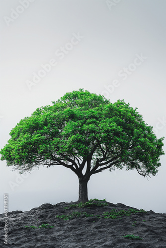 A tree is standing on a hill with a gray sky in the background