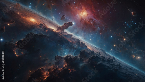 Celestial canopy adorned with space elements  forming a cascade of cosmic dust in the galaxy.