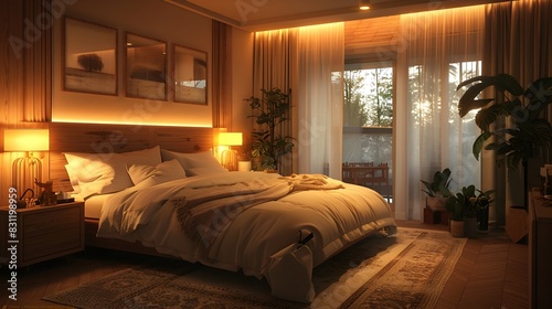 Cozy and Serene Bedroom Oasis with Warm Lighting and Nature Accents