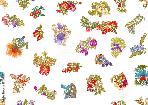 Fantasy, alien flowers, decorative flowers and leaves. Cartoon style. Millefleurs trendy floral design. Seamless pattern, background. Vector illustration.