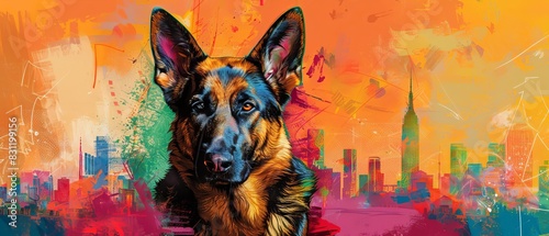 German Shepherd in vibrant pop art style  colorful geometric background close up  whimsical  blend mode  cityscape backdrop