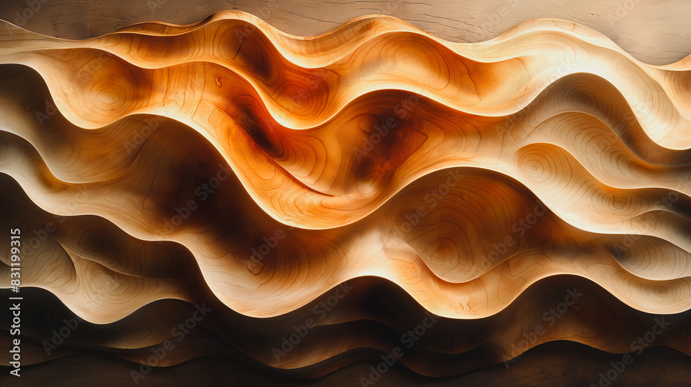 Obraz premium A wooden sculpture of a wave with a brownish hue