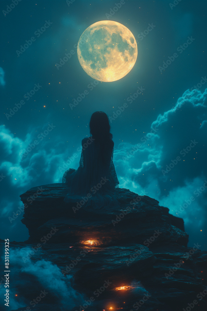 A woman is sitting on a rock in the dark, with a large moon in the background A woman is sitting on a rock in the dark, with a large moon in the background