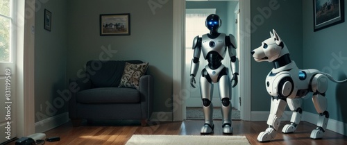 A humanoid robot and a robotic dog stand in a home environment, hinting at a future of robotic companionship. photo