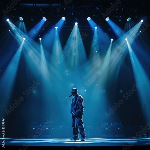 Man rapping with his mic, on stage under spotlights with blue lighting during a concert at night. The cinematic style of nightlife performances on stage is stunning. photo