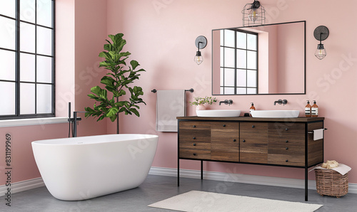 3d rendering  A Scandinavian-style bathroom with light pink walls  concrete flooring  and an open layout featuring a freestanding bathtub on the left side of the room