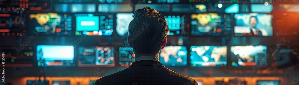 Businessman in a control room monitoring multiple screens showcasing various news and data, depicting modern technology and information management. Businessman in a control room monitoring multiple screens showcasing various news and data, depicting modern technology and information management.