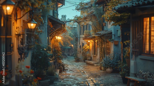 Charming cobblestone alley illuminated by warm street lamps  lined with cozy houses and lush greenery  creating a picturesque evening scene.