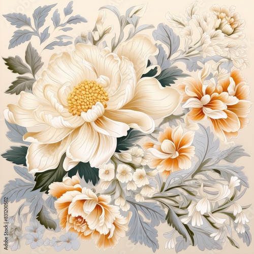 Scarf floral pattern  hyper detailed  cream color  watercolor