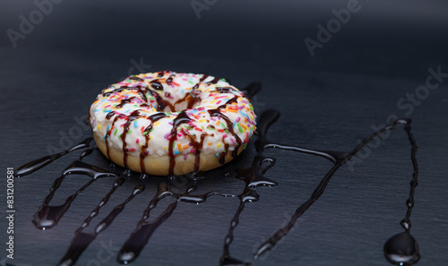 Sweet donut sprinkled with colored sticks and doused with liquid chocolate