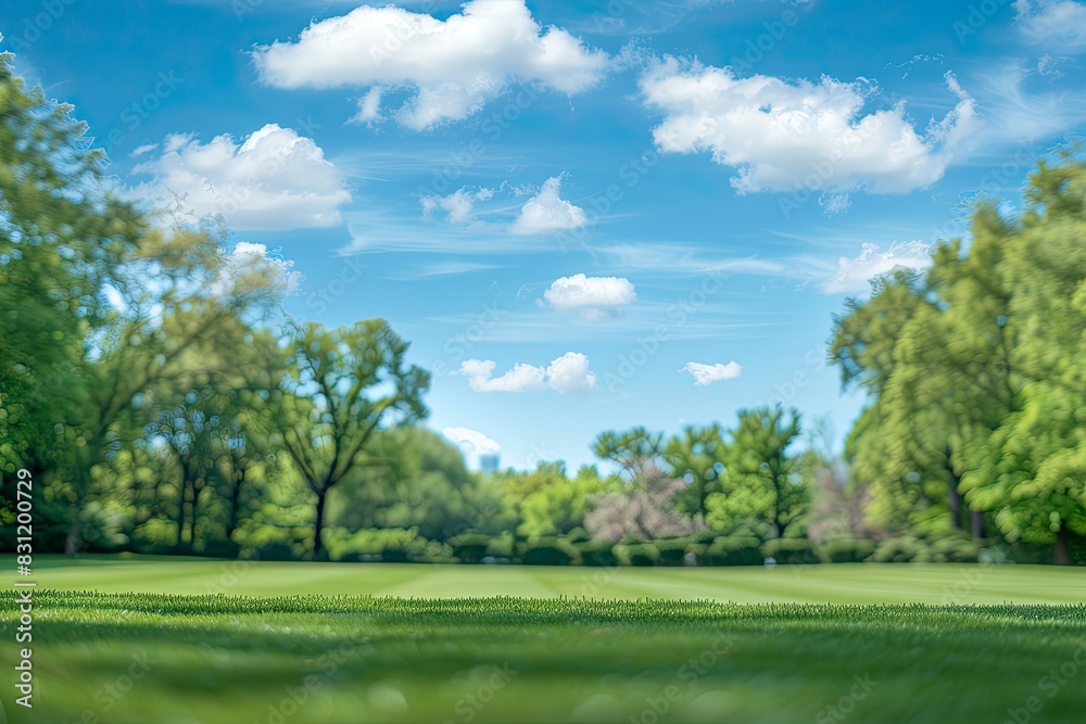 Beautiful blurred background image of spring nature with a neatly trimmed lawn surrounded by trees against a blue sky with clouds on a bright sunny day with generative ai Beautiful blurred background image of spring nature with a neatly trimmed lawn surrounded by trees against a blue sky with clouds on a bright sunny day with generative ai