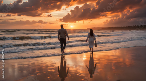  a serene moment as a couple walks along a beach at sunset, their reflections mirrored in the wet sand while the sun dips below the horizon, casting a warm golden glow across the scene