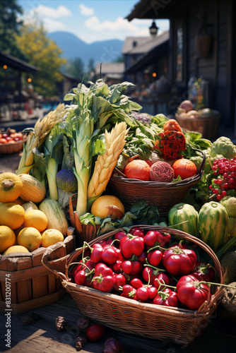 Farmers market. Colorful and diverse market scene with fresh greens and vegetables on the stand.
