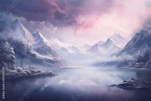 Mountain lake in Himalayas at sunset, perfect reflection at sunrise, snowy mountains, hills, fog over the lake, AI generated © Tanu