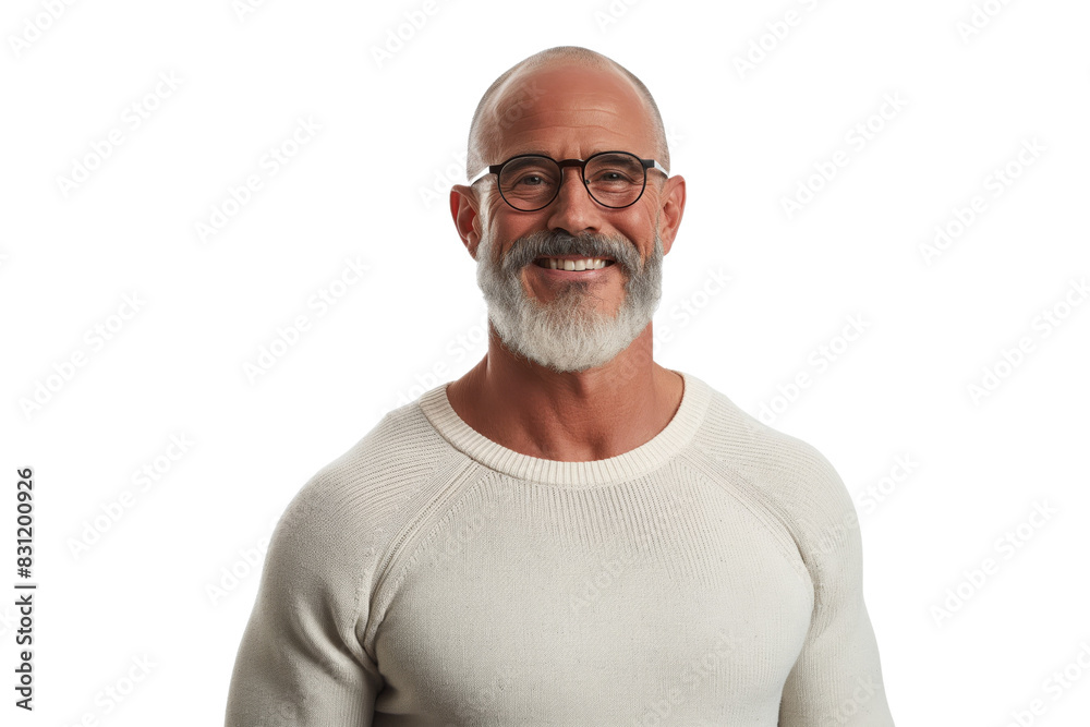 Smiling Fit Middle-Aged Caucasian Man with a Beard in a White Sweater Smiling Fit Middle-Aged Caucasian Man with a Beard in a White Sweater