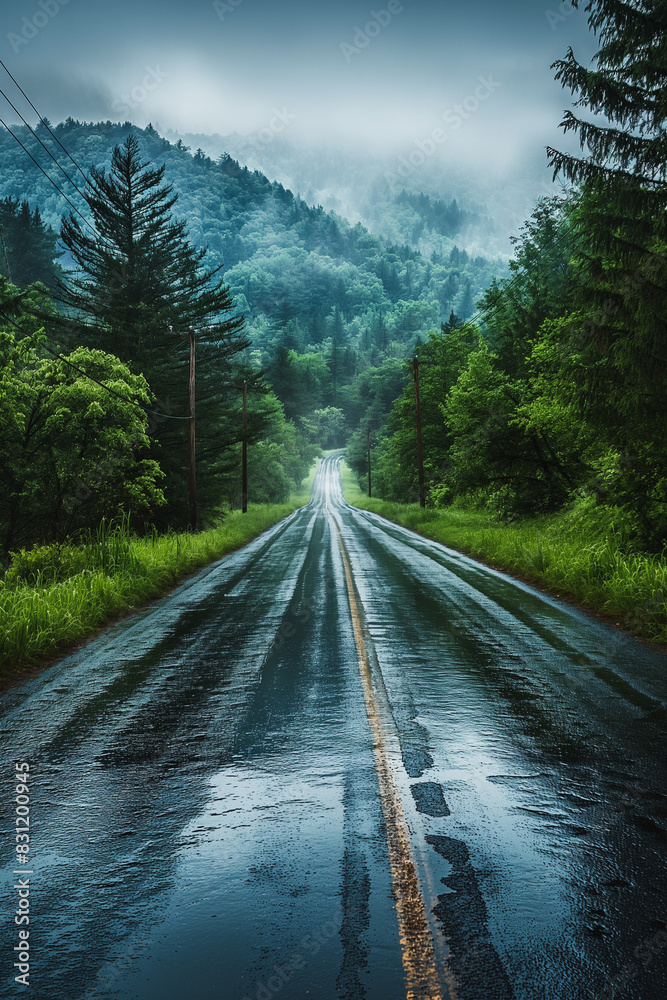 A road with trees in the background and rain on the road A road with trees in the background and rain on the road