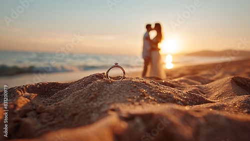 Wedding rings on the beach sand with a couple of lovers in the background. photo