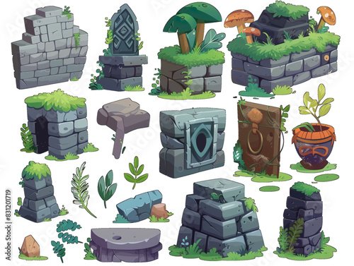 Vector EPS Game Assets of Assorted Plants and Rocks in Natural Setting