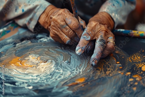 Closeup of senior citizens hands delicately painting on canvas