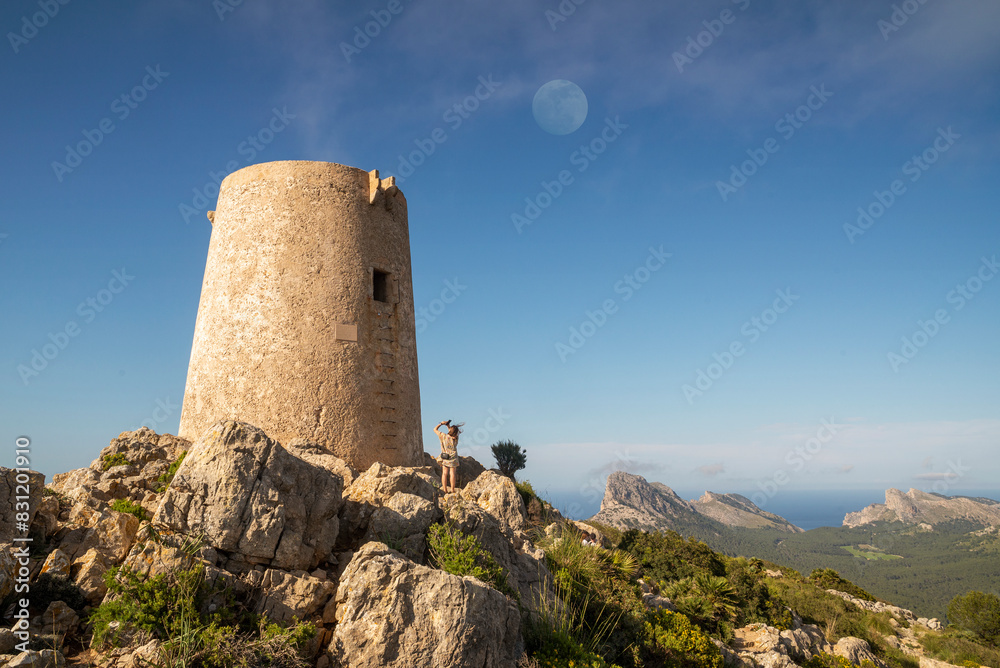 Atalaya d Albercutx watchtower was built in the late sixteenth century to lookout for possible pirate invaders, Port de Pollensa, Majorca, Balearic Islands, Spain 