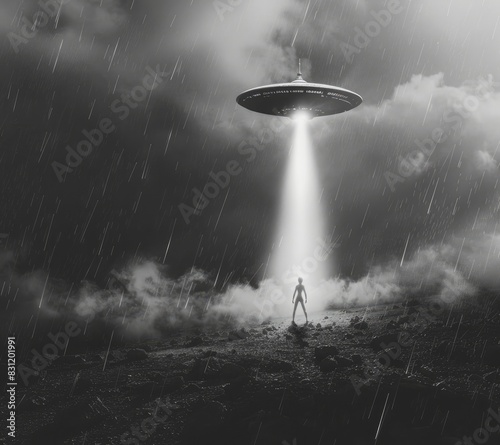 an alien standing on a empty field under UFOs light beam in monochrome