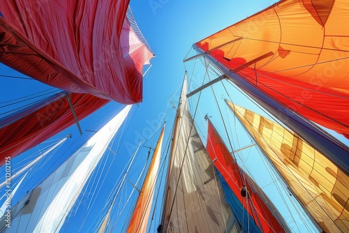 Upward view of sailboat sails against blue sky, showcasing vibrant colors and height