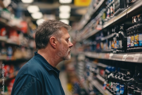 A man browsing the auto parts aisle in a grocery store, examining items on the shelves