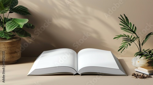 Open book on table with plants and coffee beans, minimalist style. © LittleDreamStocks