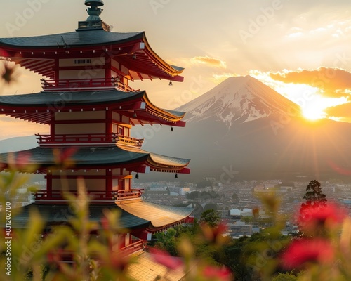 closeup of Chureito colored temple with Mount Fuji in the background