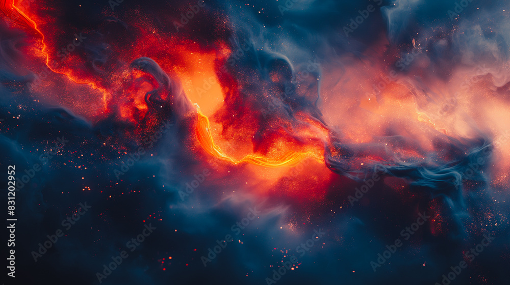 A fiery orange cloud in the sky with a blue background A fiery orange cloud in the sky with a blue background